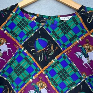 90s Nicola Equestrian Print Top Plaid Diamond Pattern Blouse M VTG Luxury 1990s